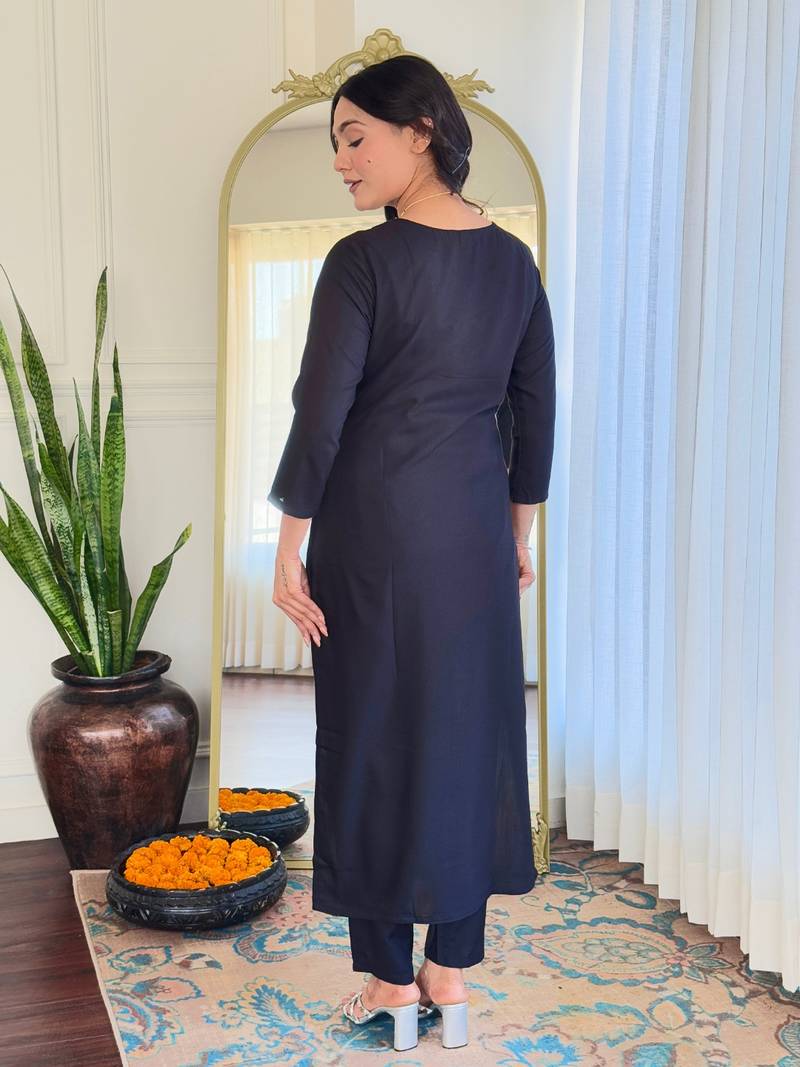 Black Embroidered Viscose Chanderi Fabric Straight Kurta, Pant and Dupatta Set