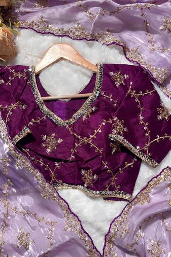 Lavender pure soft zimmi choo fabric sarees with beautiful embroidery work with stiched blouse