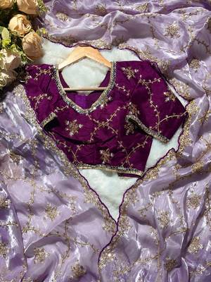 Lavender soft zimmi choo fabric sarees with beautiful embroidery work with stiched blouse 2