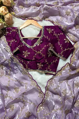 Lavender soft zimmi choo fabric sarees with beautiful embroidery work with stiched blouse