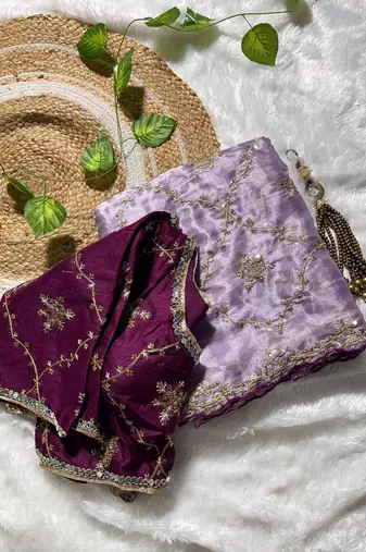 Lavender soft zimmi choo fabric sarees with beautiful embroidery work with stiched blouse