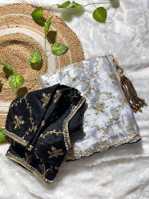 Grey pure soft zimmi choo fabric sarees with beautiful embroidery work with stiched blouse 1