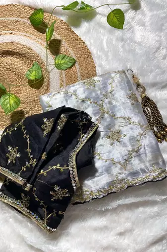 Grey pure soft zimmi choo fabric sarees with beautiful embroidery work with stiched blouse