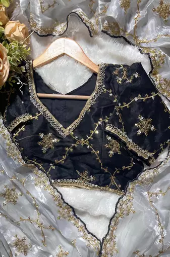 Grey pure soft zimmi choo fabric sarees with beautiful embroidery work with stiched blouse
