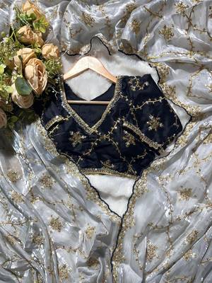 Grey pure soft zimmi choo fabric sarees with beautiful embroidery work with stiched blouse 3