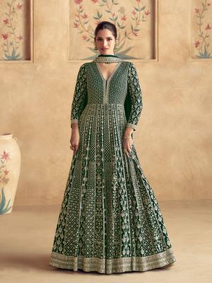 Green embroidered georgette free size stitched anarkali suit 1