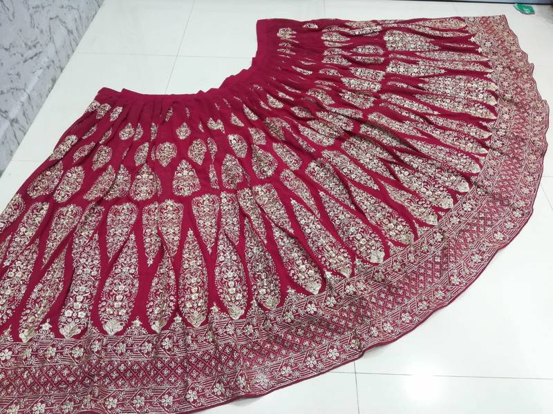 Cherry Red Zari And Sequins Embroidered Faux Georgette Designer Lehenga Choli