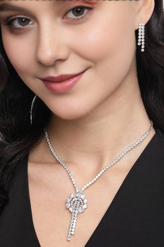 White Color American Diamond Crystal Stone Work Long Jewelry Set For Women