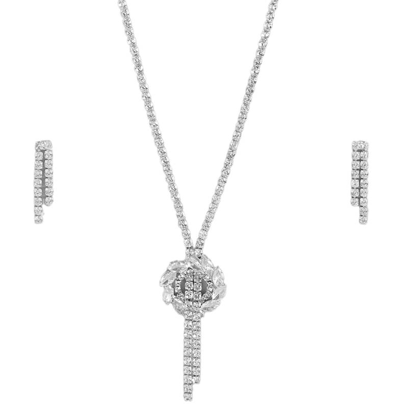 White Color American Diamond Crystal Stone Work Long Jewelry Set For Women
