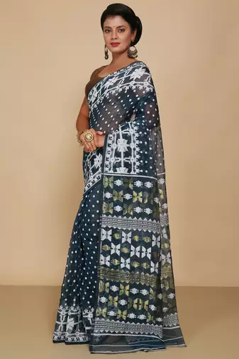 Women'S Cotton Silk Dhakai Softs Vojadi Dhakai Jamdani Sarees (Deep Grey)