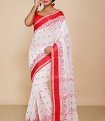 Women's Red White Tangail Cotton Sarees  (White Red)