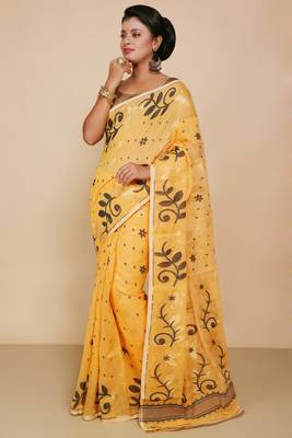 Women's Cotton Silk Flower Dhakai Allover Soft Jamdani Sarees (Yellow Black) 1