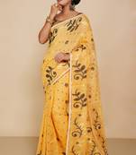 Women's Cotton Silk Flower Dhakai Allover Soft Jamdani Sarees (Yellow Black)