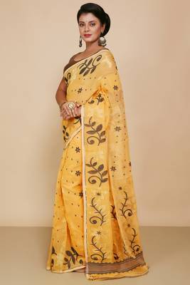 Women's Cotton Silk Flower Dhakai Allover Soft Jamdani Sarees (Yellow Black) 2