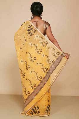 Women's Cotton Silk Flower Dhakai Allover Soft Jamdani Sarees (Yellow Black) 3