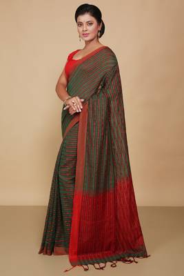 All over fish motive cotton saree (Green Red) 2