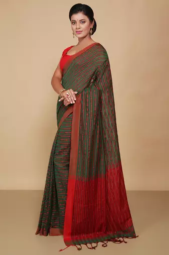 All over fish motive cotton saree (Green Red)