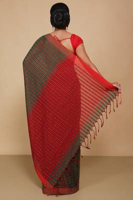 All over fish motive cotton saree (Green Red) 3