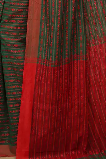 All over fish motive cotton saree (Green Red)