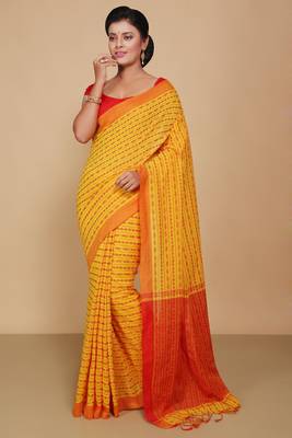 All over fish motive cotton saree (Yellow Red) 1