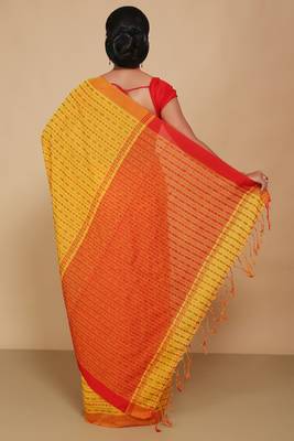 All over fish motive cotton saree (Yellow Red) 3