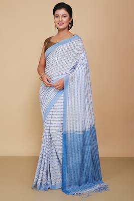 All over fish motive cotton saree (White Sky) 1