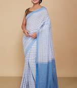 All over fish motive cotton saree (White Sky)