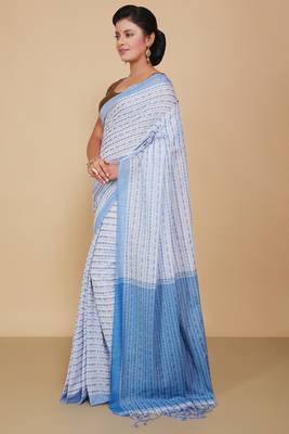 All over fish motive cotton saree (White Sky) 2