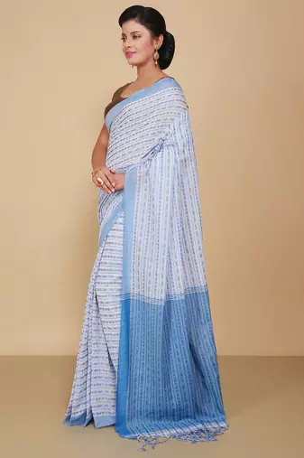 All over fish motive cotton saree (White Sky)