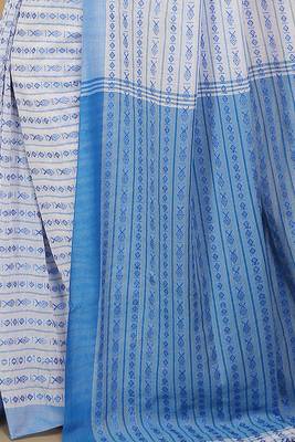 All over fish motive cotton saree (White Sky) 4