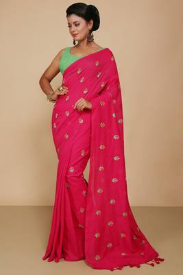 Women's Cotton lamp Embroidery saree (Pink) 1