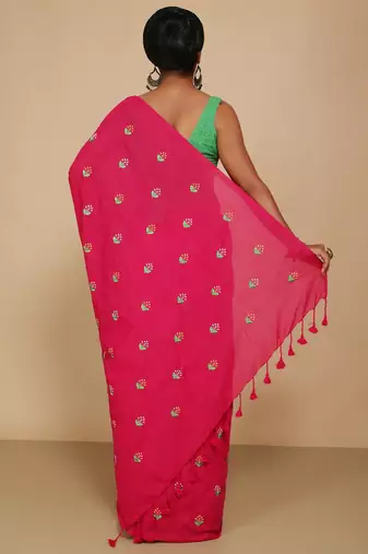 Women's Cotton lamp Embroidery saree (Pink)