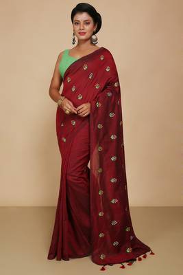 Women's Cotton lamp Embroidery saree (Maroon) 1