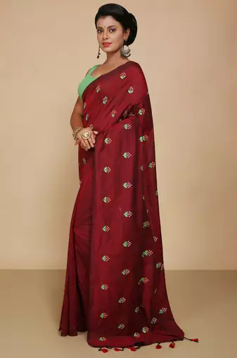 Women's Cotton lamp Embroidery saree (Maroon)