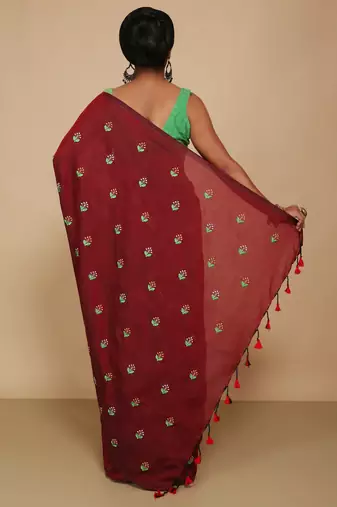 Women's Cotton lamp Embroidery saree (Maroon)