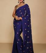 Women's Cotton lamp Embroidery saree (Blue)