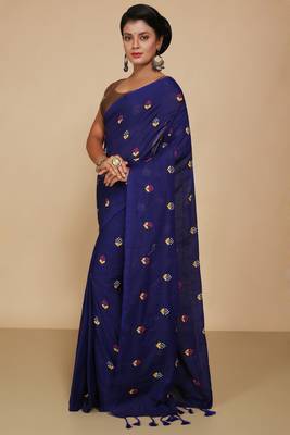 Women's Cotton lamp Embroidery saree (Blue) 2