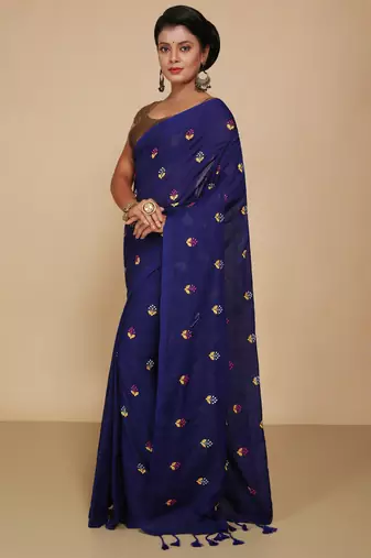 Women's Cotton lamp Embroidery saree (Blue)
