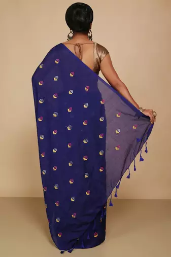 Women's Cotton lamp Embroidery saree (Blue)