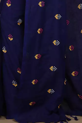 Women's Cotton lamp Embroidery saree (Blue)