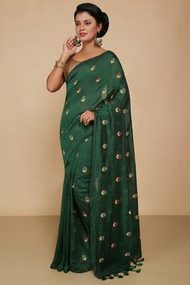 Women's Cotton lamp Embroidery saree (Green) 1