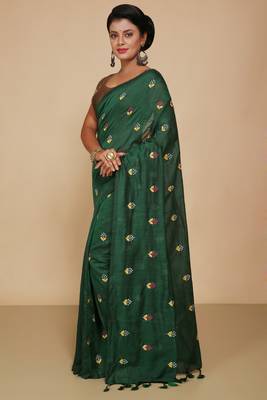 Women's Cotton lamp Embroidery saree (Green) 2
