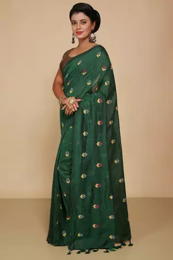 Women's Cotton lamp Embroidery saree (Green)