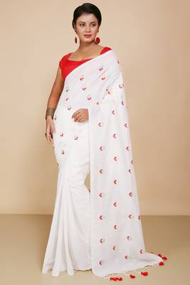 Women's Cotton lamp Embroidery saree  (White) 1