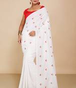 Women's Cotton lamp Embroidery saree  (White)