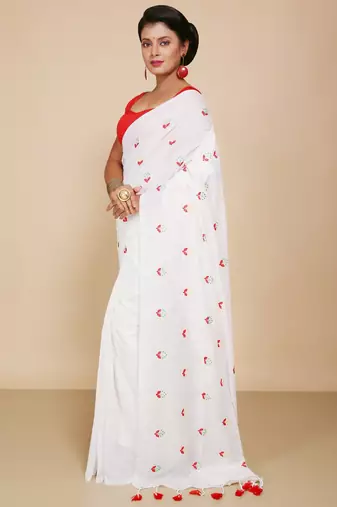 Women's Cotton lamp Embroidery saree  (White)