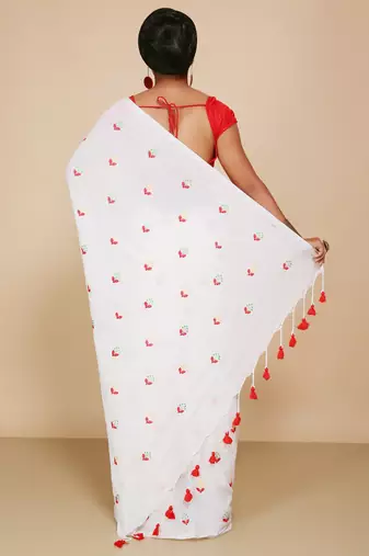 Women's Cotton lamp Embroidery saree  (White)