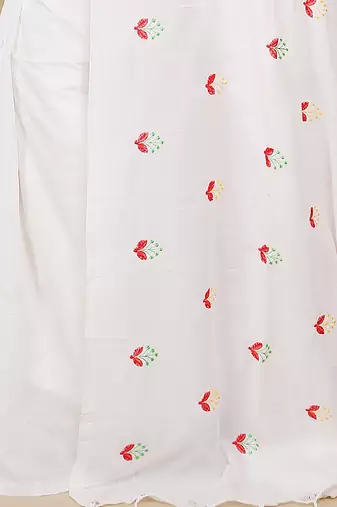 Women's Cotton lamp Embroidery saree  (White)
