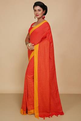 Women'S Cotton Check Sarees (Red) 2