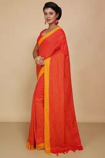Women'S Cotton Check Sarees (Red)
